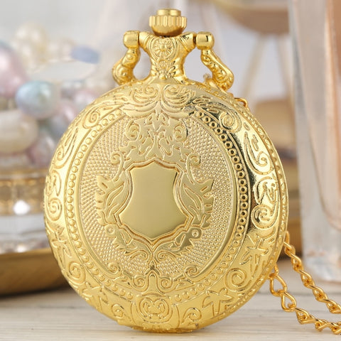 Royal Gold Shield Crown Pattern Quartz Pocket Watch Top Luxury Necklace Pendant Chain Steampunk Clock Collectibles Jewelry Gifts