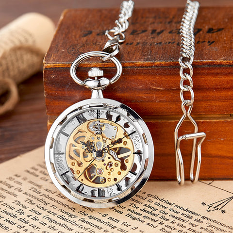 Luxury Silver Skeleton Mechacnical Mens Pocket Watch with FOB Chain Hot Smooth Steel Women Unisex Hand winding Pocket Watches